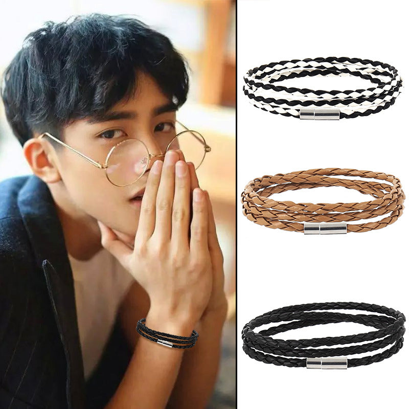 Men's Korean Woven Twisted Leather Rope Bracelets