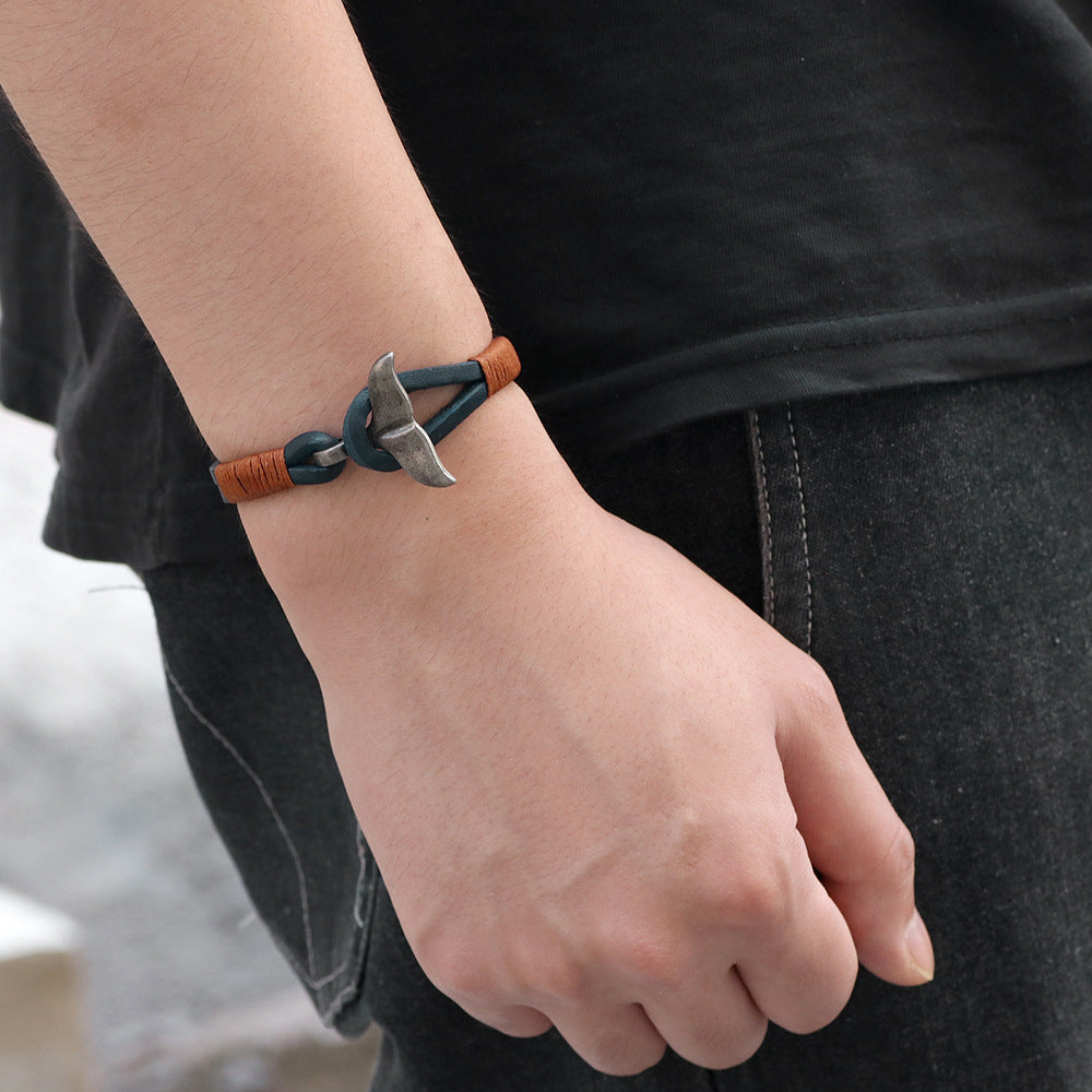 Men's Whale Tail Alloy Cowhide Hand-woven Bracelets