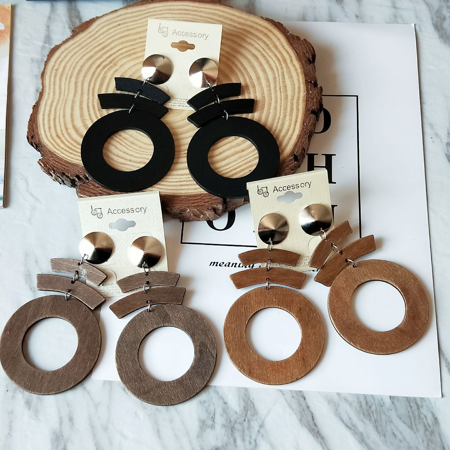 Series Stitching Pattern Geometric Round Wooden Fashion Wood Eardrops Rings