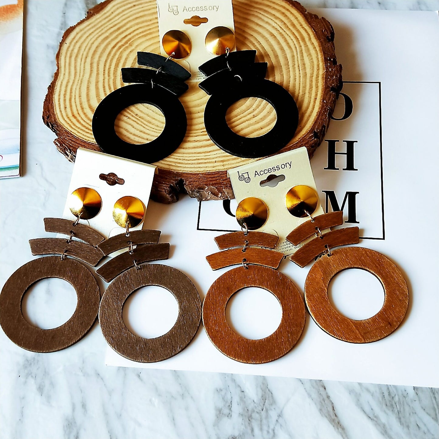 Series Stitching Pattern Geometric Round Wooden Fashion Wood Eardrops Rings
