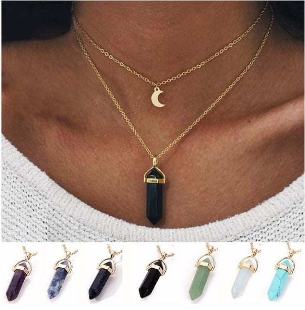 Glass Hexagon Prism Fashion Moon Crescent Necklaces