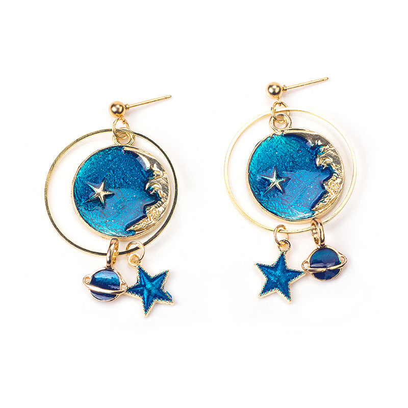 Heart Asymmetric Fresh Blue Starry Moon Earrings