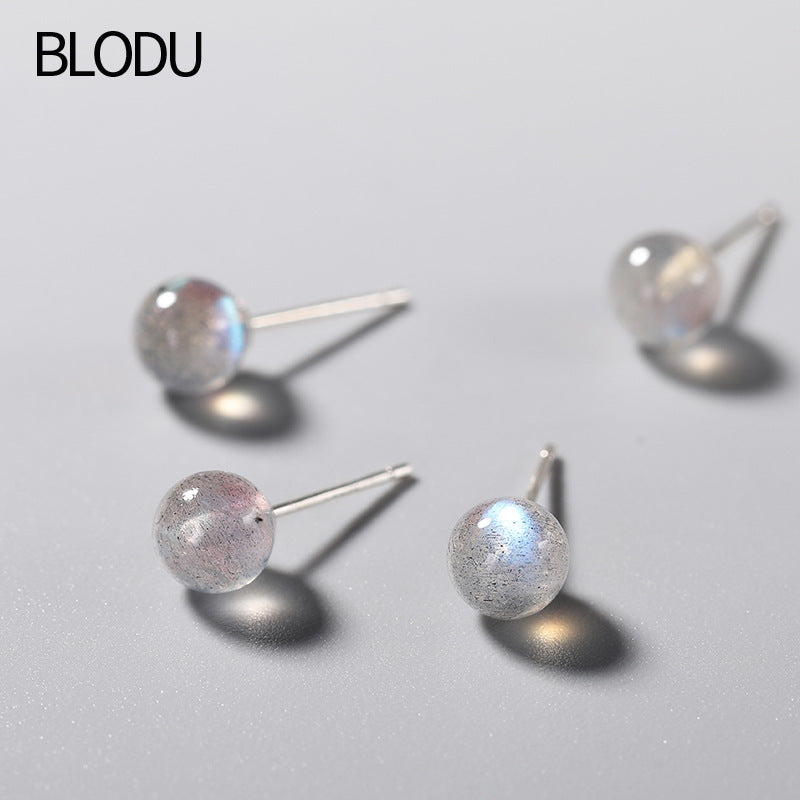 Women's Sier Korean Simple Moonstone Elegant Gradient Labradorite Stud Earrings
