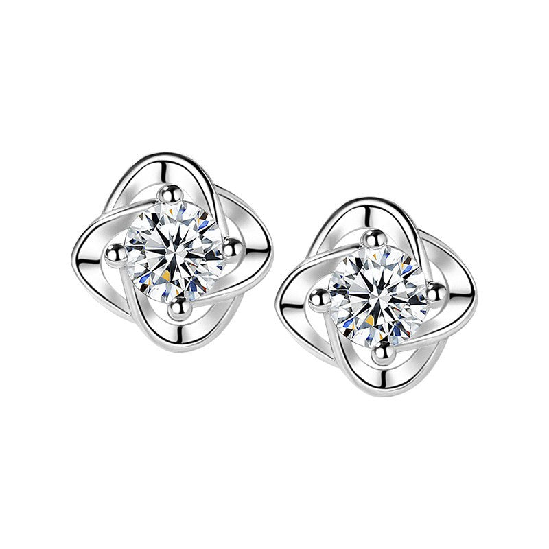 Women's Korean Style Sier Plated Lucky Four-leaf Clover For Simple Rhinestone Stud Earrings