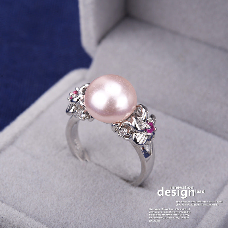 Women's Five Petal Flower Zircon Pearl Shell Rings