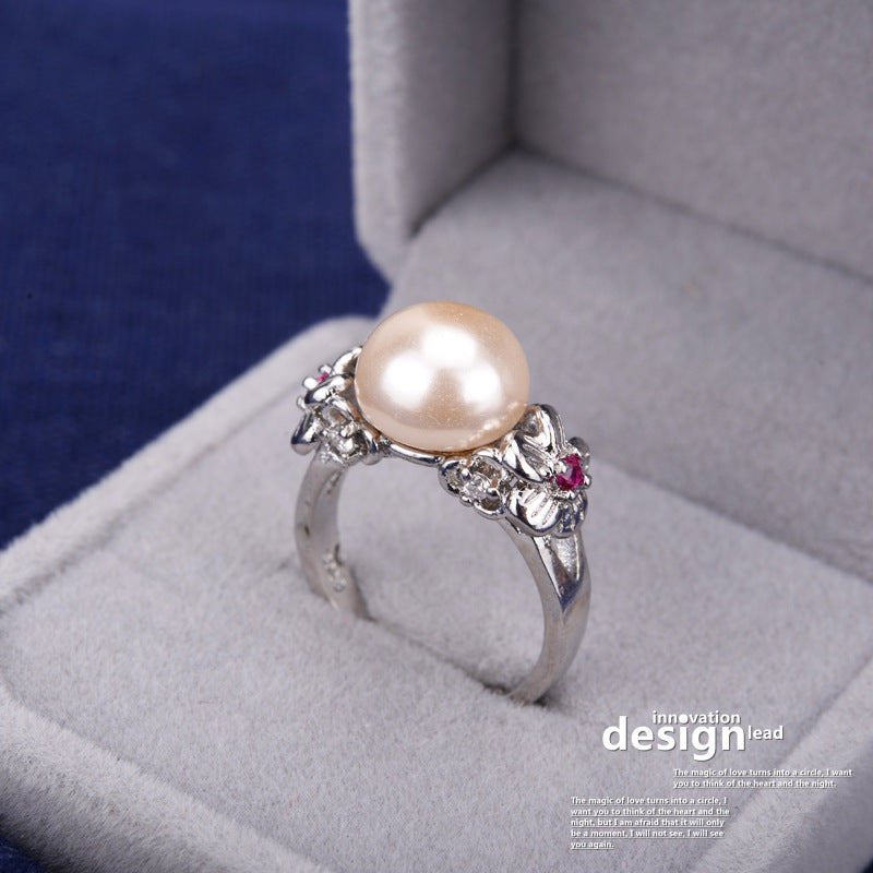 Women's Five Petal Flower Zircon Pearl Shell Rings