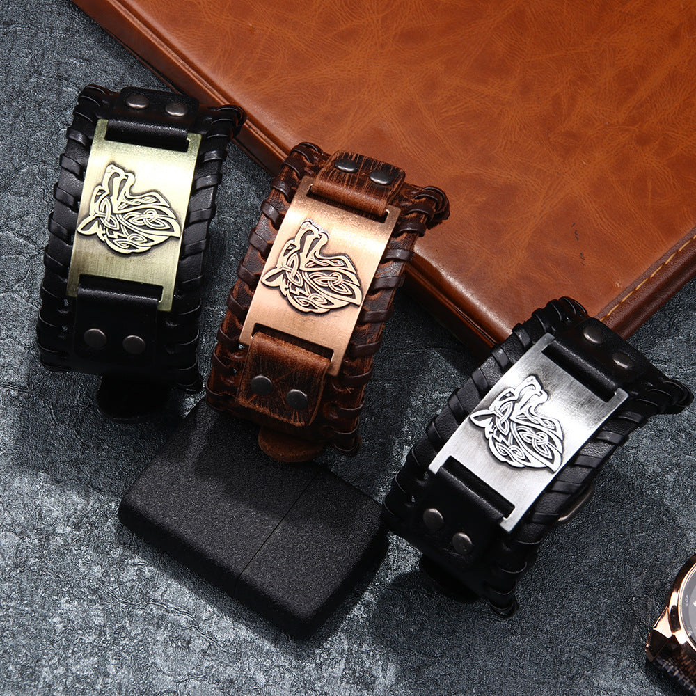 Men's Alloy Wolf Head Accessories Leather Wide Bracelets