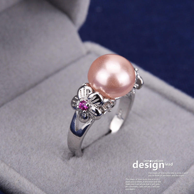 Women's Five Petal Flower Zircon Pearl Shell Rings