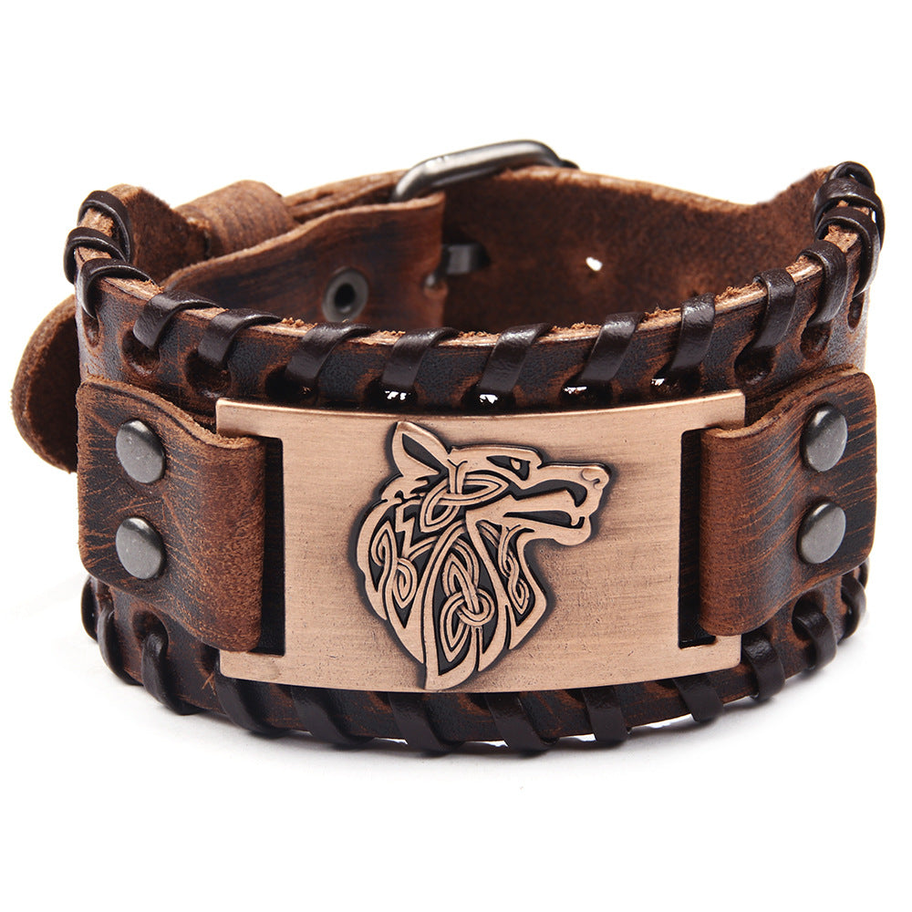 Accessoires tête de loup en alliage pour hommes, bracelets larges en cuir