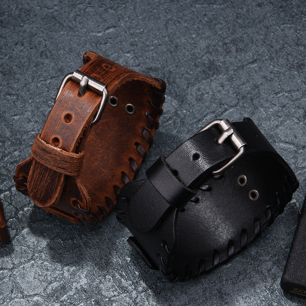 Accessoires tête de loup en alliage pour hommes, bracelets larges en cuir