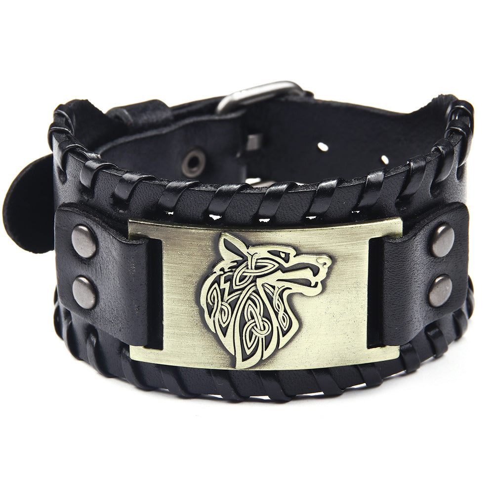 Men's Alloy Wolf Head Accessories Leather Wide Bracelets