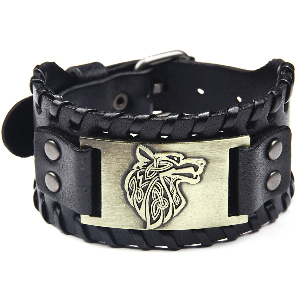 Accessoires tête de loup en alliage pour hommes, bracelets larges en cuir