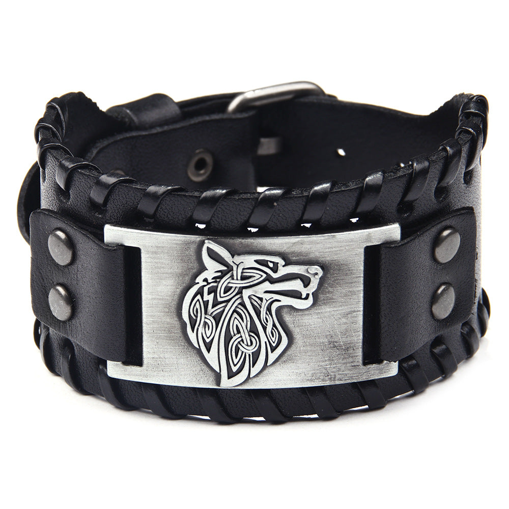 Herrenlegierungs-Wolfskopf-Accessoires, breite Lederarmbänder