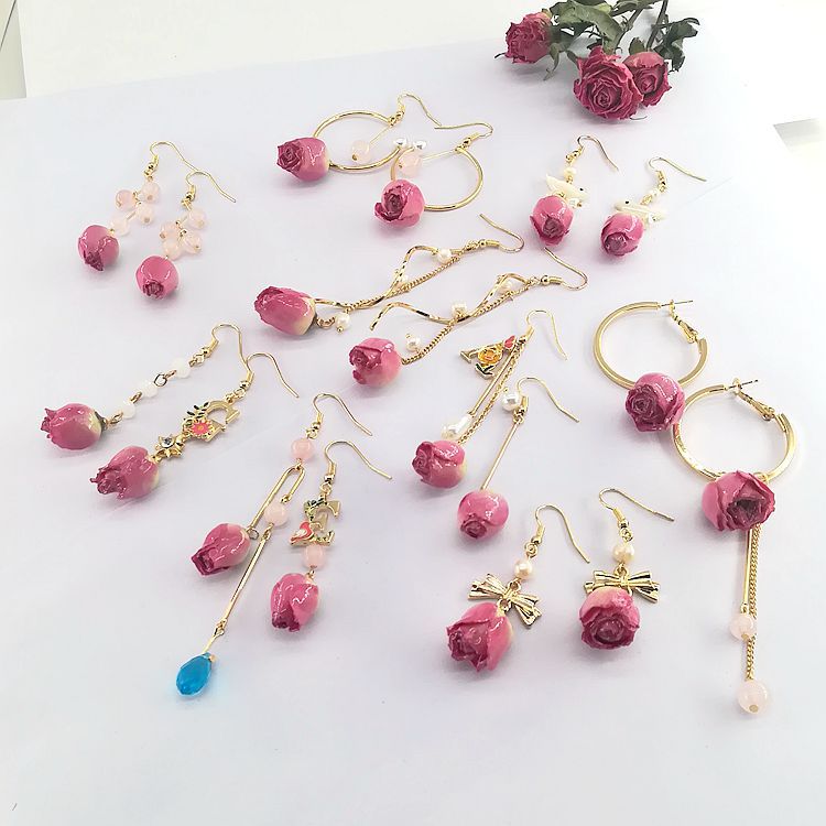 Real Flower Preserved Fresh Sweet Mori Pink Lady Series Ear Earrings