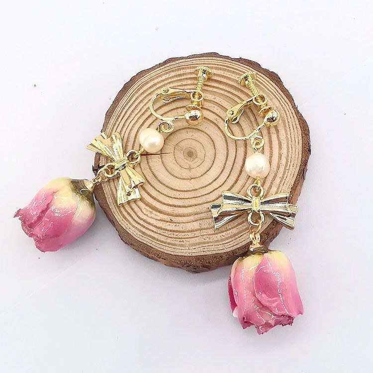 Real Flower Preserved Fresh Sweet Mori Pink Lady Series Ear Earrings