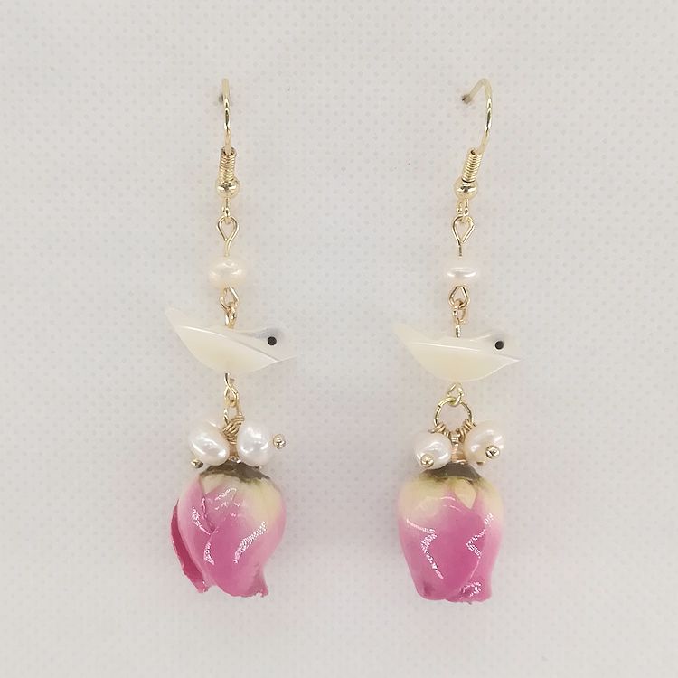Real Flower Preserved Fresh Sweet Mori Pink Lady Series Ear Earrings