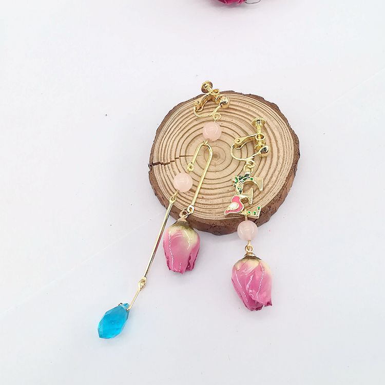 Real Flower Preserved Fresh Sweet Mori Pink Lady Series Ear Earrings