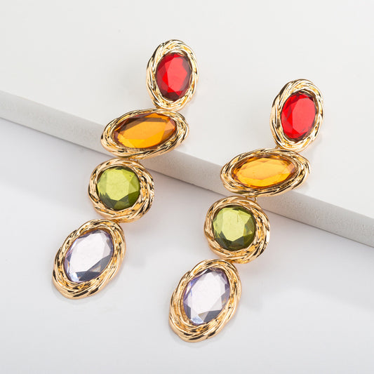 Women's Popular Luxurious Gem Inlaid Oval Alloy Earrings