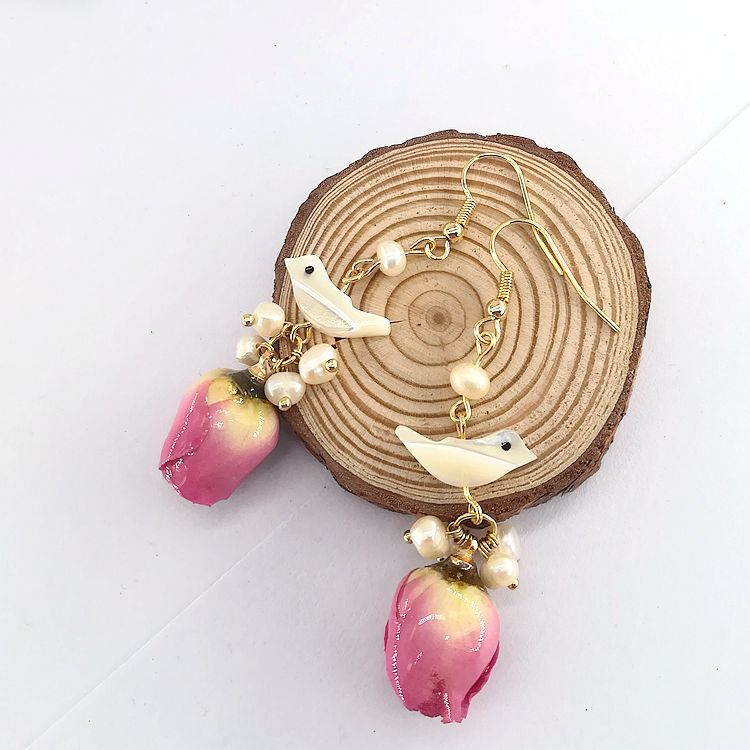 Real Flower Preserved Fresh Sweet Mori Pink Lady Series Ear Earrings