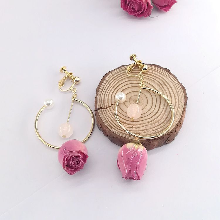 Real Flower Preserved Fresh Sweet Mori Pink Lady Series Ear Earrings