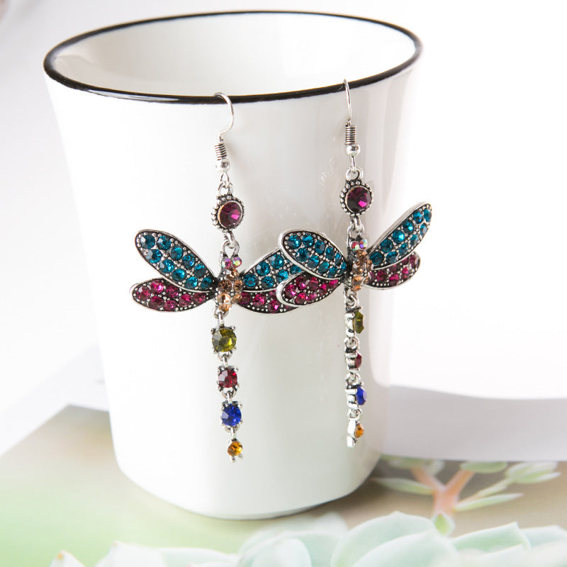 Crystal Insect Shape Vintage Ethnic Style Tassel Imitation Tibetan Sier Earrings