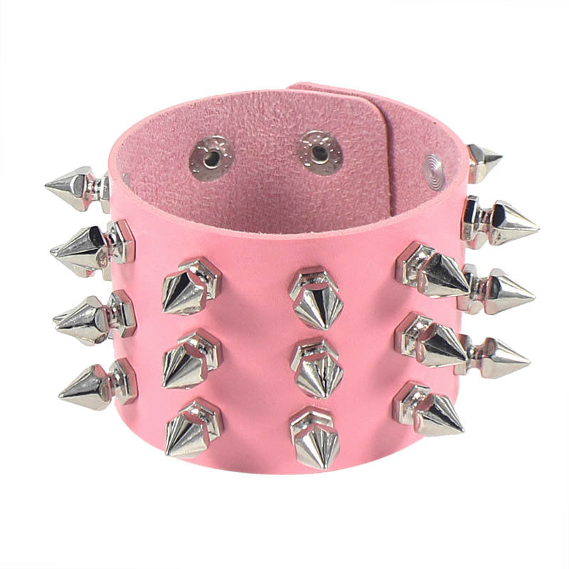 Punk Exaggerated Leather Tapered Pointed Rivet Three Bracelets