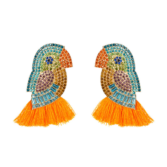 Boucles d'oreilles en acrylique avec pompon et perroquet, cristaux colorés, pour femmes