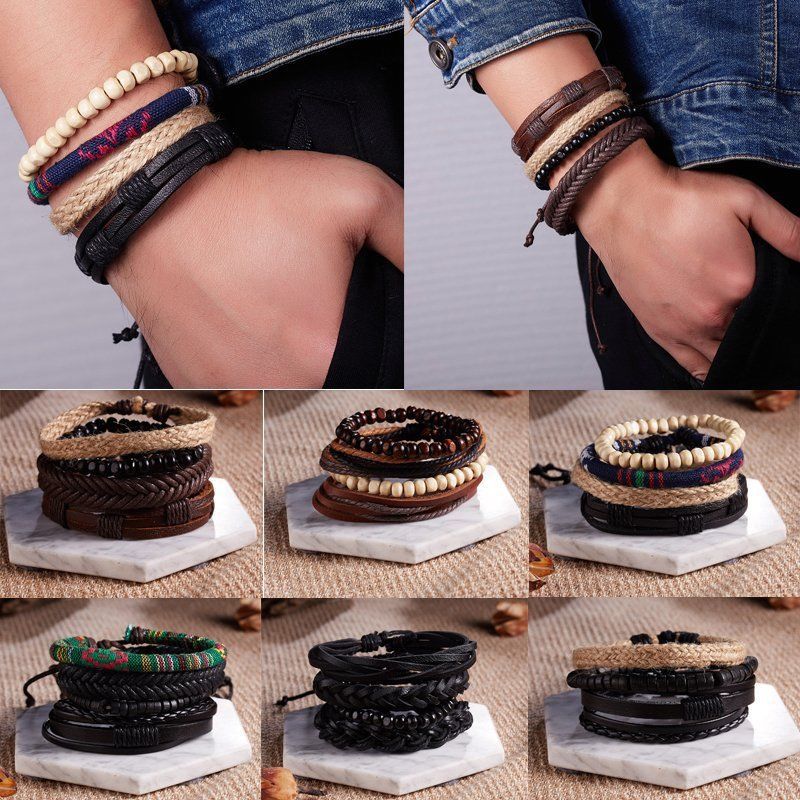 Bracelets hipster en cuir tissé pour hommes, bijoux vintage