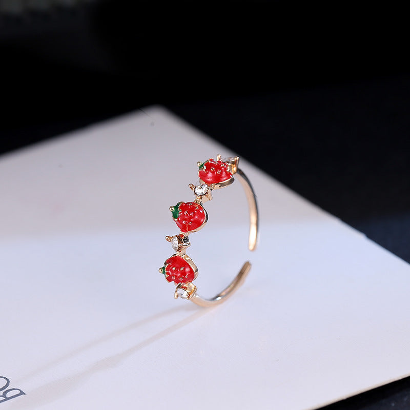 Bagues simples et mignonnes en strass pour femme, fraise rouge