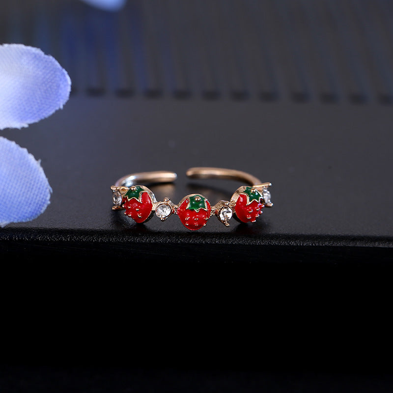 Bagues simples et mignonnes en strass pour femme, fraise rouge