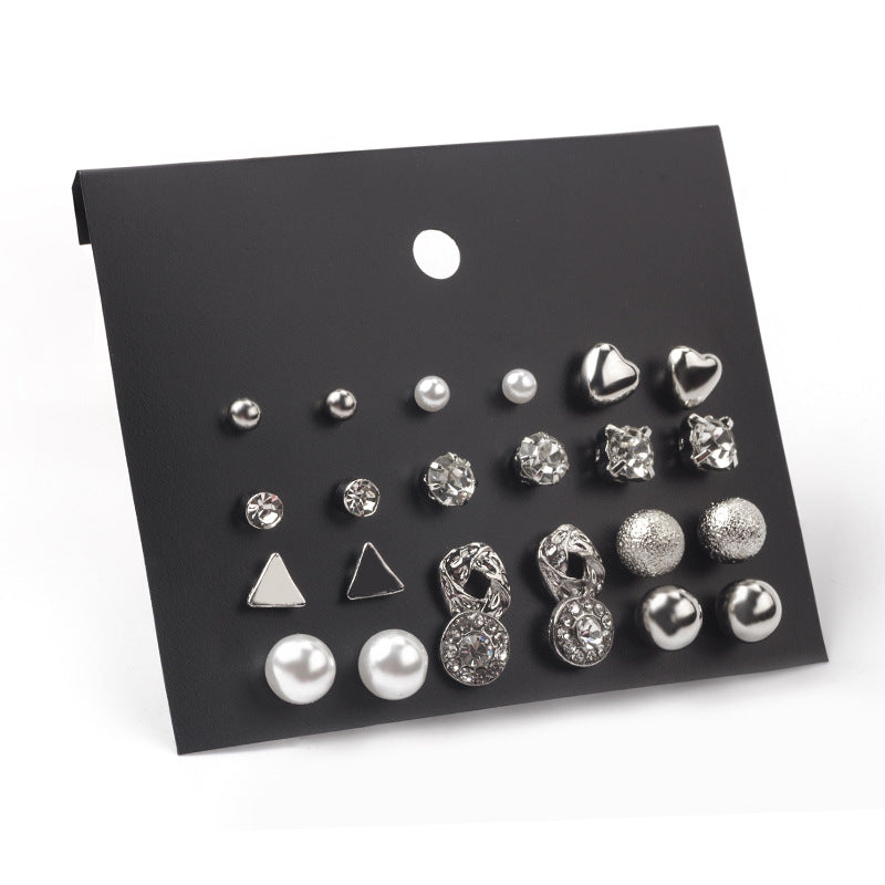 Pearl Zircon Card Metal Geometry Set Earrings