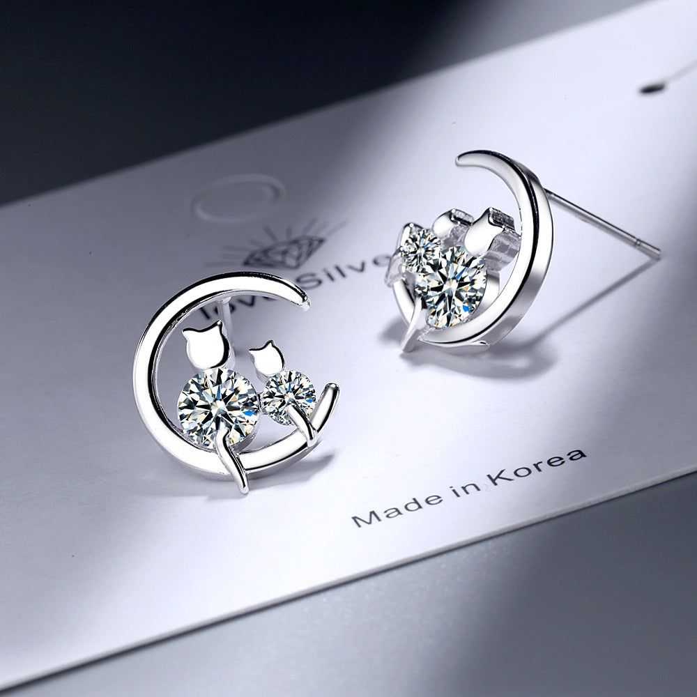 Women's Mori Sweet Single Diamond Cat Elegant Personality Earrings