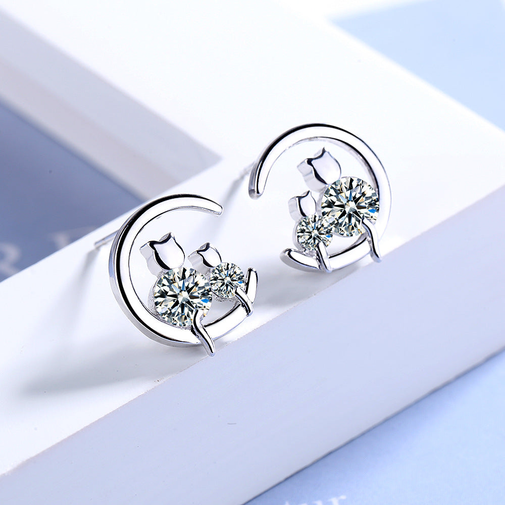 Women's Mori Sweet Single Diamond Cat Elegant Personality Earrings