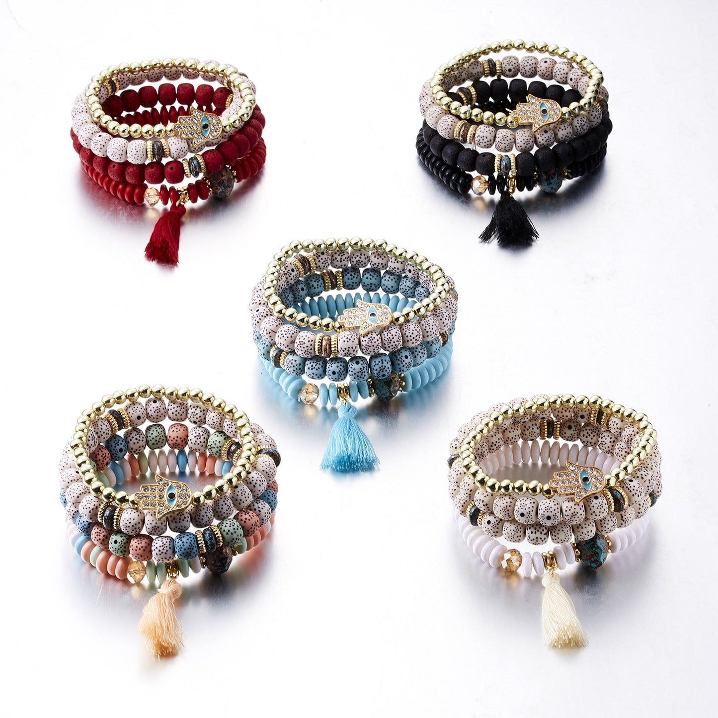 Beaded Palm Tassel Bodhi Beads Elastic Bracelets