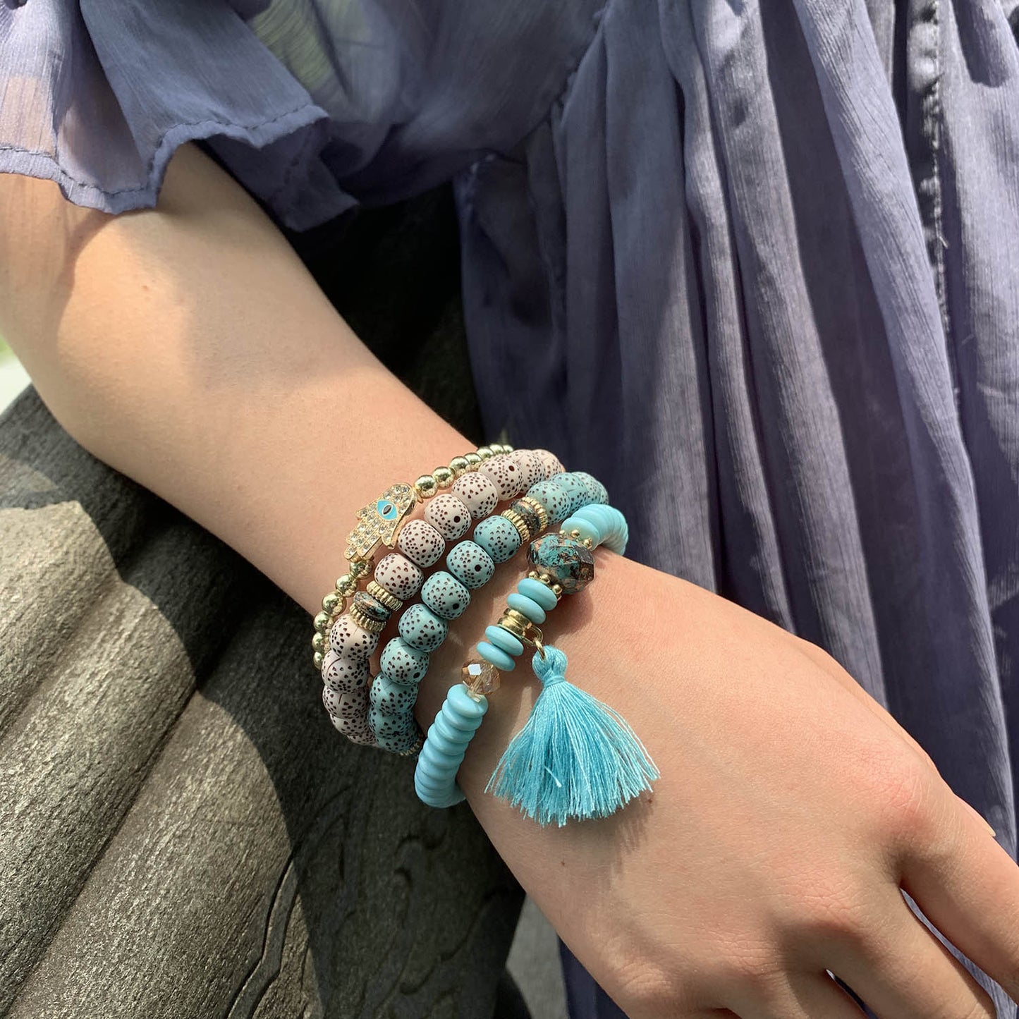 Beaded Palm Tassel Bodhi Beads Elastic Bracelets