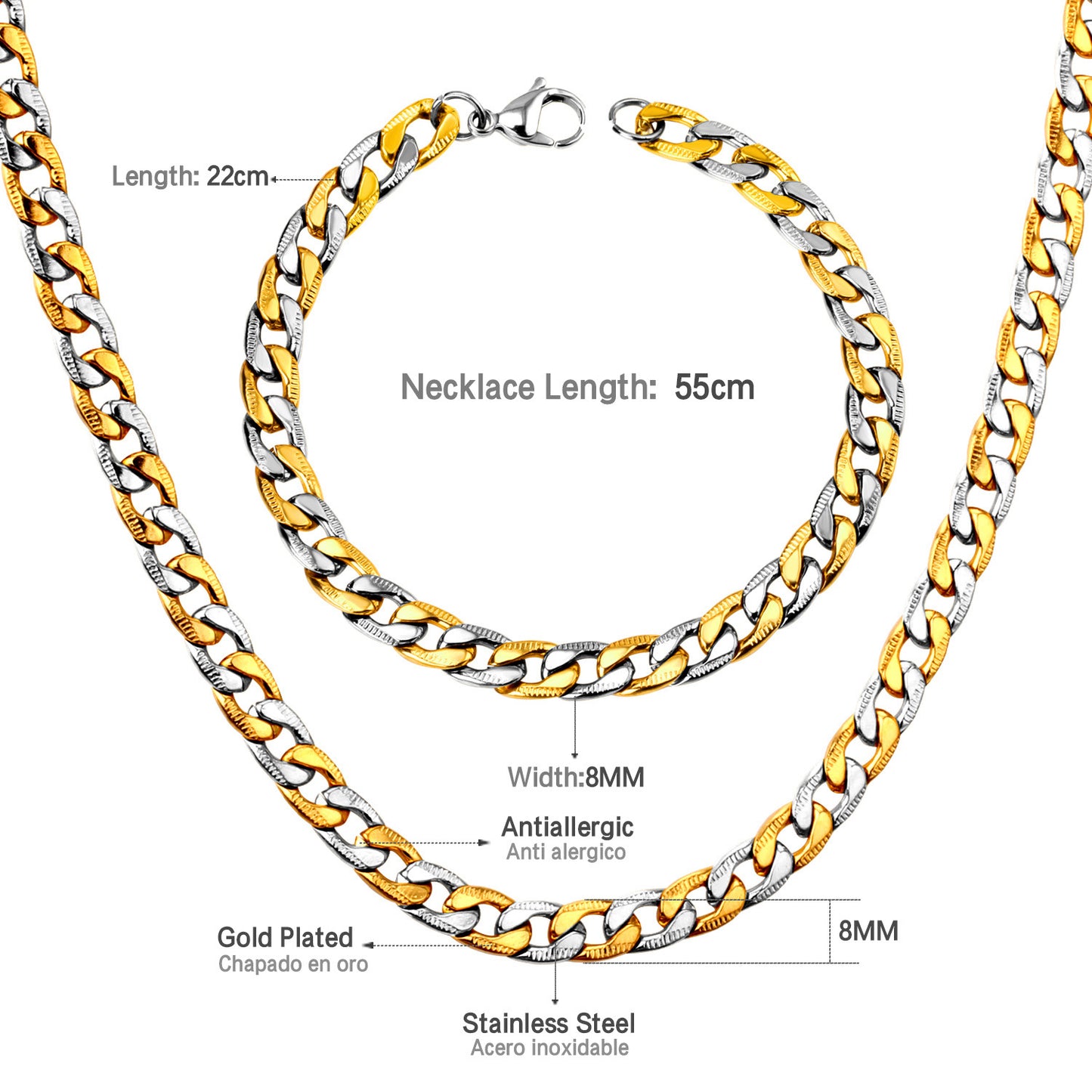 Men's Hip Hop Wide Stainless Steel Electroplated Jewelry Set
