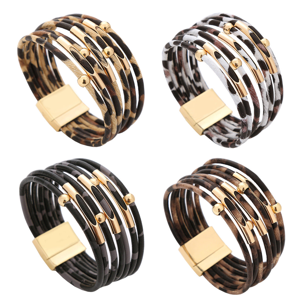 Damen-Armbänder aus Leder mit Leopardenmuster, magnetischer Schnalle und Perlen, Happy Copper Tube-Schnurarmbänder