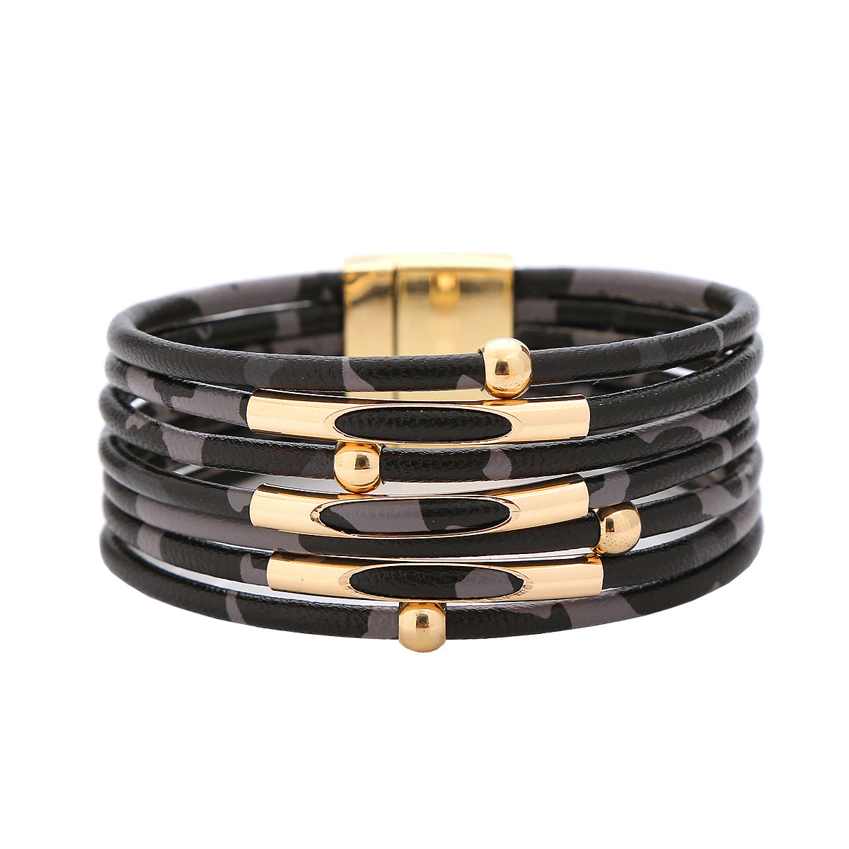 Damen-Armbänder aus Leder mit Leopardenmuster, magnetischer Schnalle und Perlen, Happy Copper Tube-Schnurarmbänder