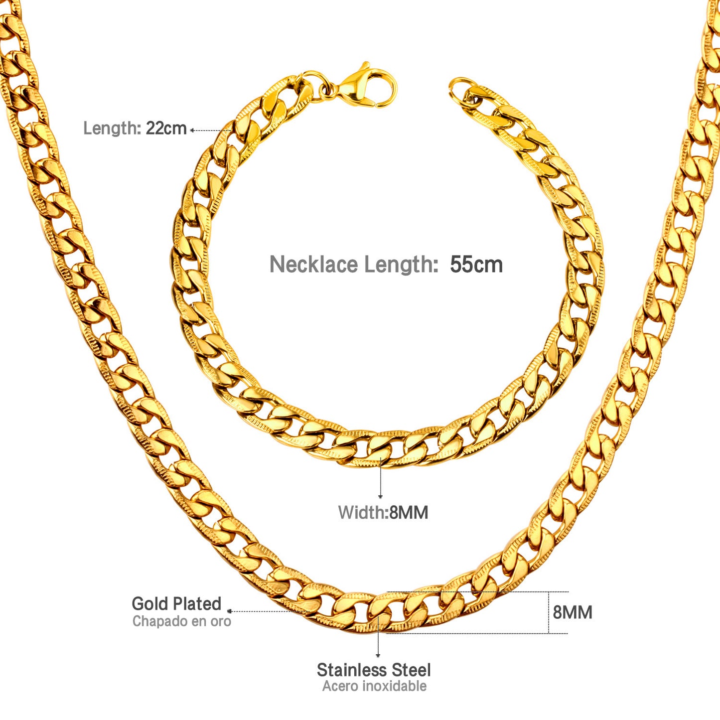 Men's Hip Hop Wide Stainless Steel Electroplated Jewelry Set