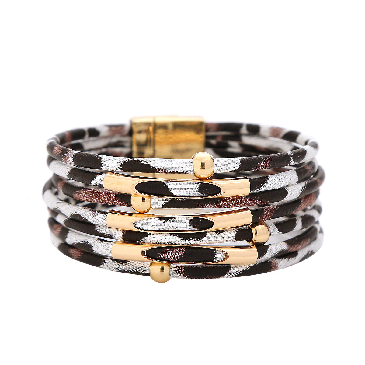 Women's Leopard Magnetic Buckle Beaded Leather Happy Copper Tube String Bracelets