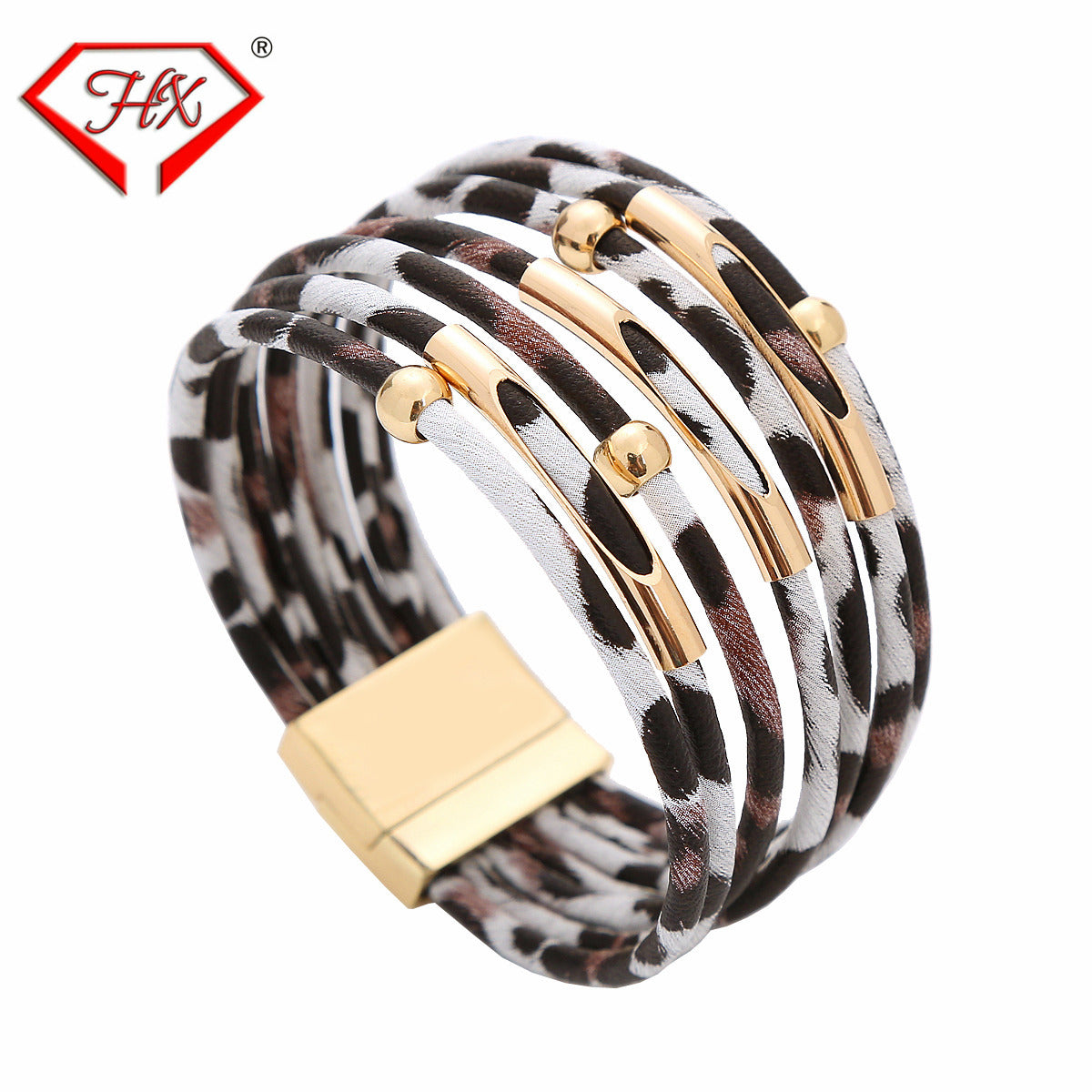 Women's Leopard Magnetic Buckle Beaded Leather Happy Copper Tube String Bracelets