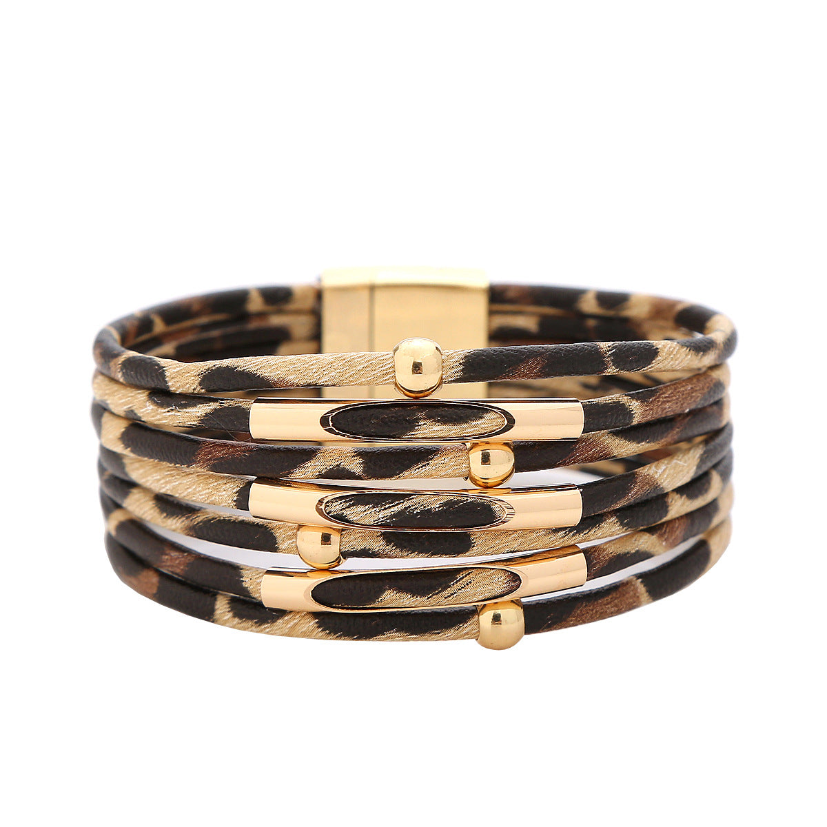 Women's Leopard Magnetic Buckle Beaded Leather Happy Copper Tube String Bracelets