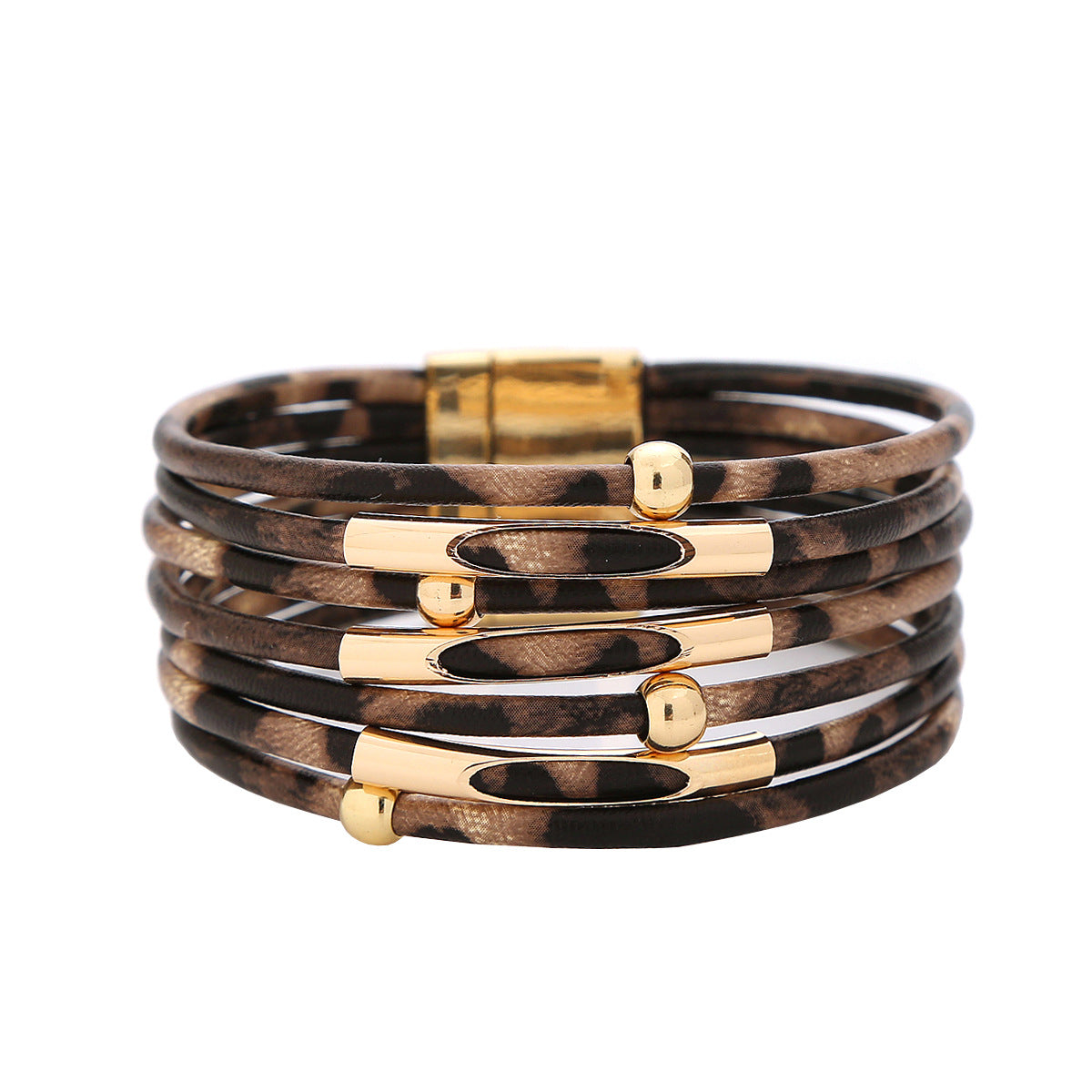 Damen-Armbänder aus Leder mit Leopardenmuster, magnetischer Schnalle und Perlen, Happy Copper Tube-Schnurarmbänder