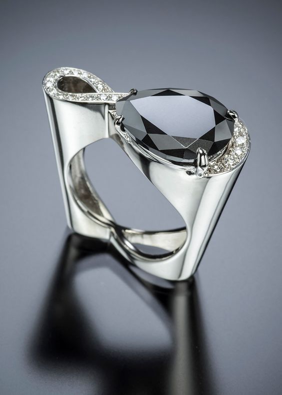 Geometric Diamond High Carbon Zircon Lady Ring