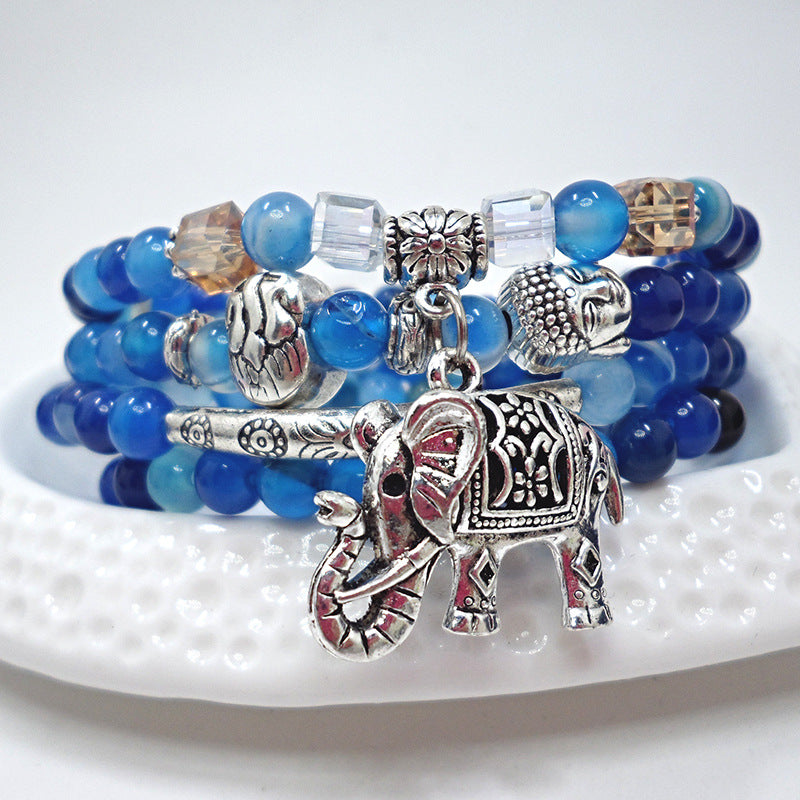 Blue Agate Crystal Retro Pattern Elephant Tourmaline Bracelets