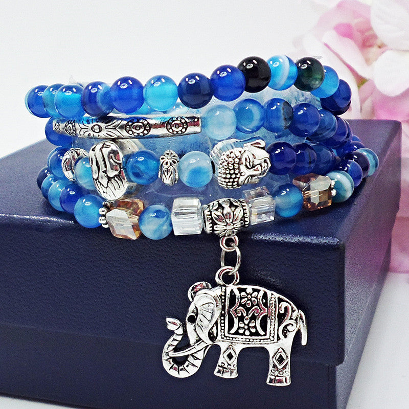 Blue Agate Crystal Retro Pattern Elephant Tourmaline Bracelets