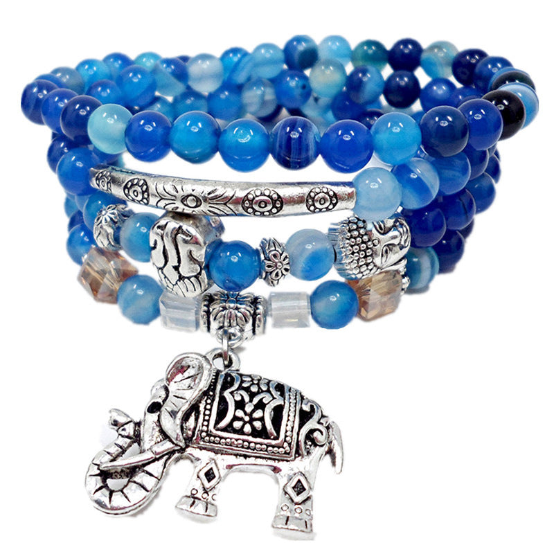 Blue Agate Crystal Retro Pattern Elephant Tourmaline Bracelets
