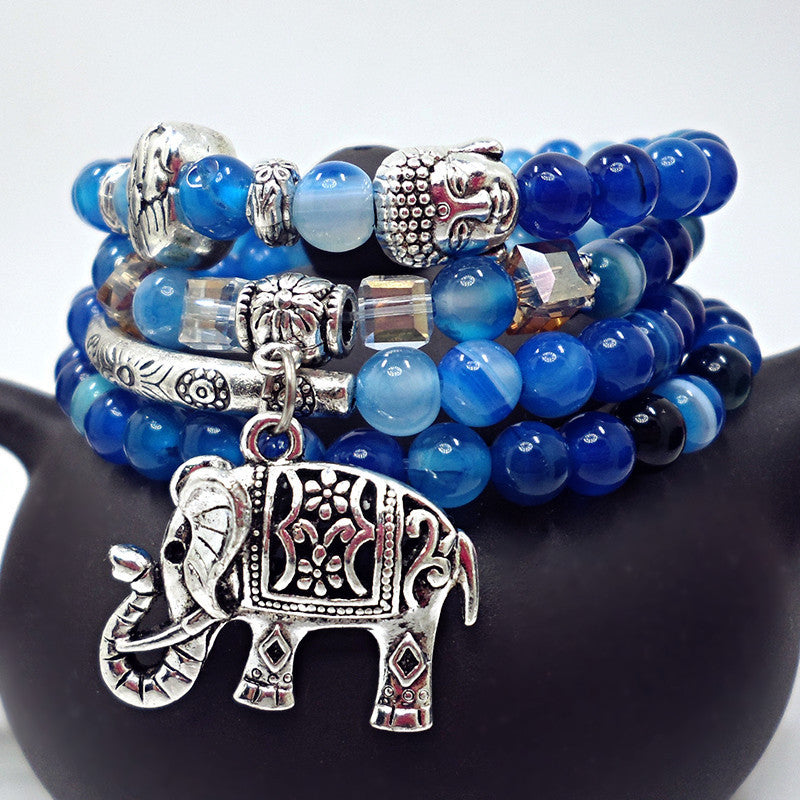 Blue Agate Crystal Retro Pattern Elephant Tourmaline Bracelets