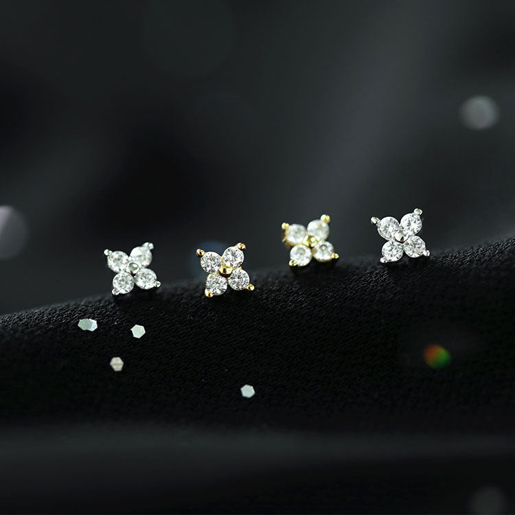 Sterling Sier Four Leaf Clover Ear Zircon Flower Rings