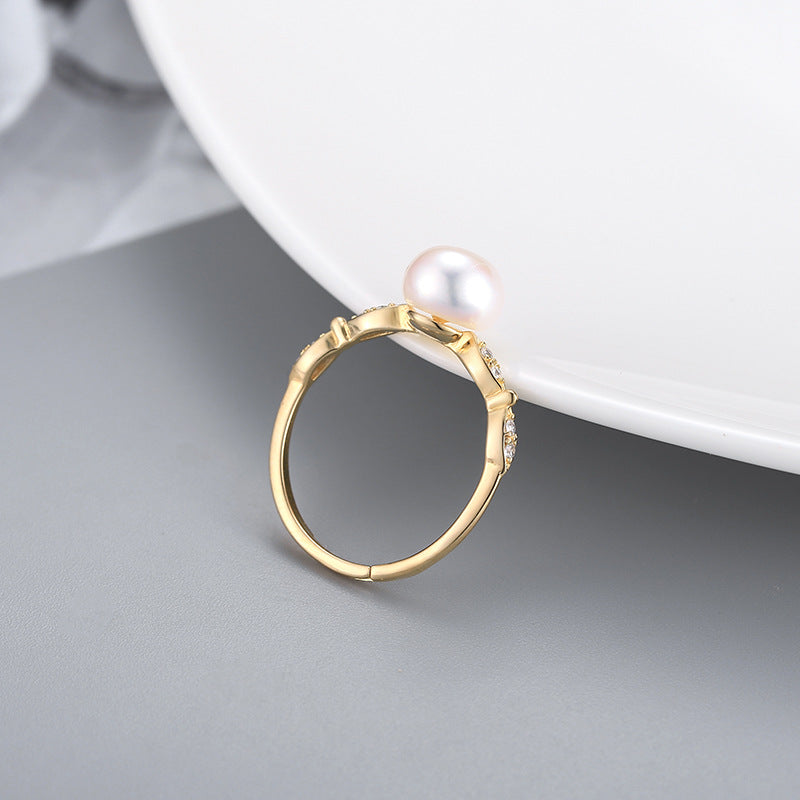Sier Female Open Fashion Personality Freshwater Pearl Clasp Rings
